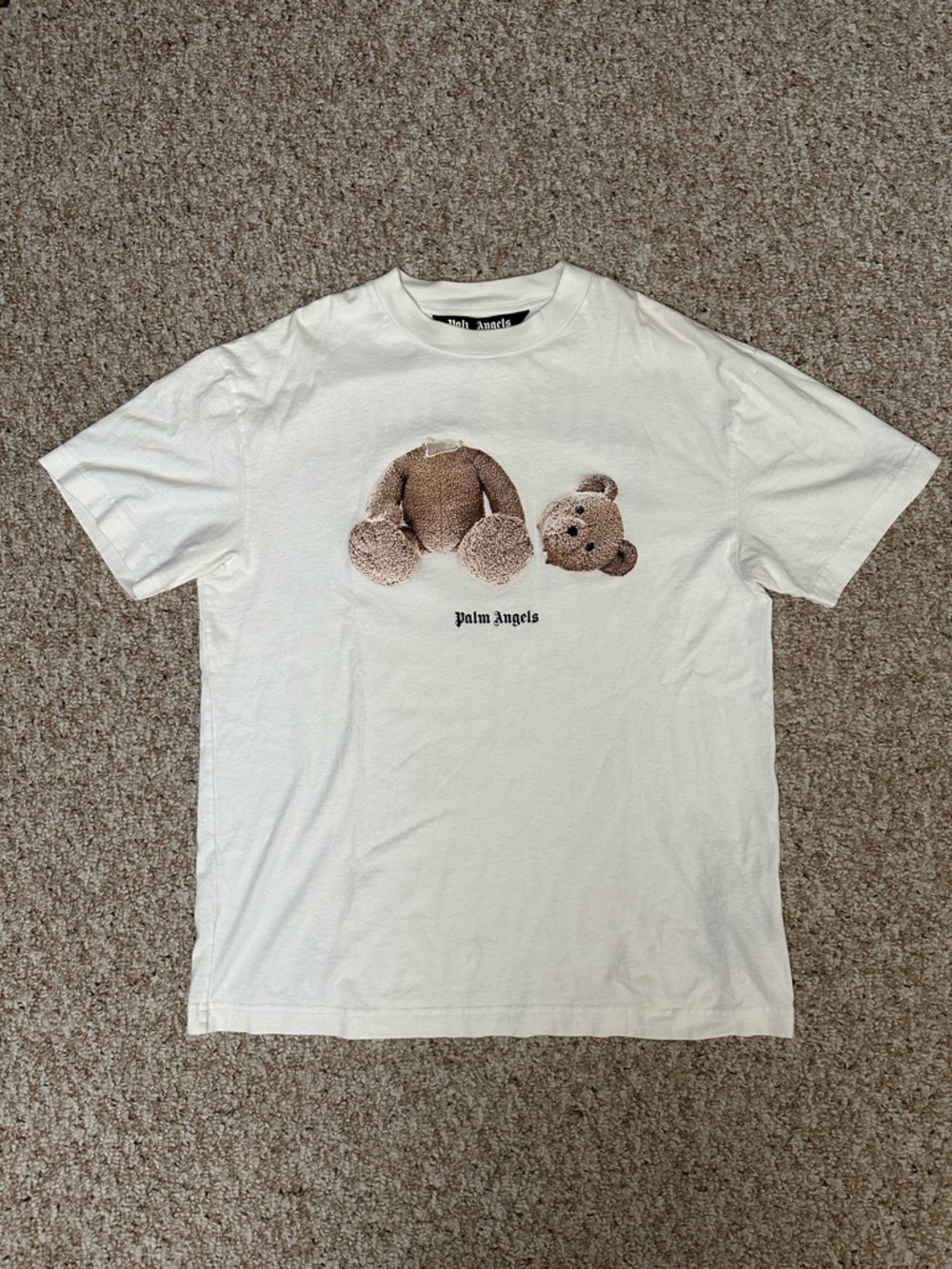 Palm Angels Cream Tee with Brown Detached Teddy Graphic